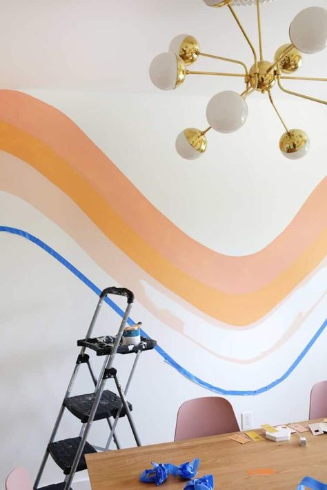 Striped Wave Wallpaper DIY! Stripe Across Wall, Color Stripes Wall, Striped Room Paint, How To Paint Waves On A Wall, 70s Wavy Wall Art, Foyer Wall Painting Ideas, Retro Wall Mural Diy, Retro Stripe Wall, Retro Wall Paint