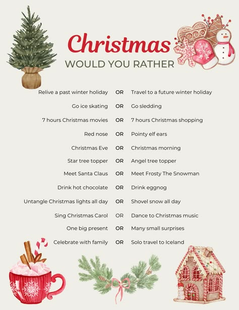 December Fun Friday Activities, Friend Christmas Activities, Holiday Would You Rather, Holiday Group Activities, Christmas Activities For Adults At Work, 25 Christmas Activities, Fun Things To Do At A Christmas Party, Christmas Senior Activities, Would You Rather Christmas Edition