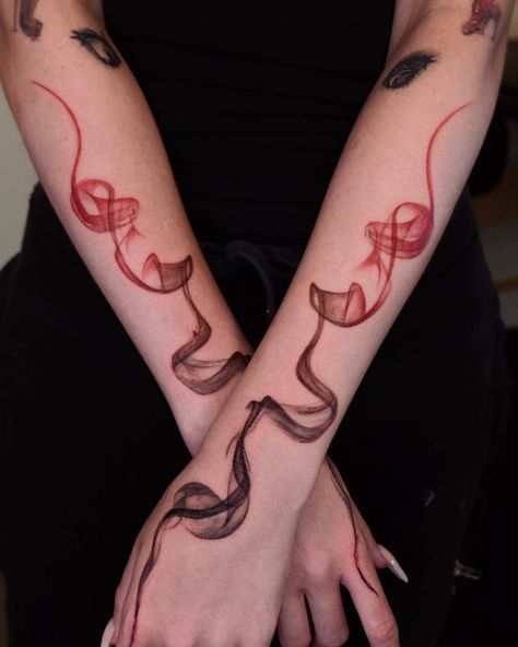 Abstract tattoo on arm by Soapy Tattoo from Sydney Black And Red Tattoo Sleeve For Women, Red And Black Abstract Tattoo, Paint Smear Tattoo, Abstract Fire Tattoo, Red Ink Arm Tattoos, Blood Tattoo Ideas, Red Abstract Tattoo, Tattoo Ideas Red, Mini Tattoos For Women