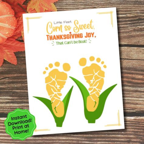 This cute Sweet Corn footprint / handprint craft is a fun way for kids to celebrate Thanksgiving. Great for baby's first Thanksgiving too! Create a personalized keepsake craft to cherish always. A unique and sentimental gift giving idea. This is also a great resource for teachers as a daycare, preschool, kindergarten or homeschool Thanksgiving activity! Instant Download. You will receive 2 different sizes: (1) 8x10 inch PDF File (1) 8.5x11 inch PDF File Print as many as you need! This print is n Thanksgiving Daycare Decorations, November Art Ideas For Toddlers, Thanksgiving Arts And Crafts For Toddlers Printable, Fall Craft Ideas For Infants, Turkey Infant Crafts, November Art Activities For Toddlers, Infant Thanksgiving Placemats, Thanksgiving Crafts For Babies Easy, Thanksgiving Hand And Footprint Art