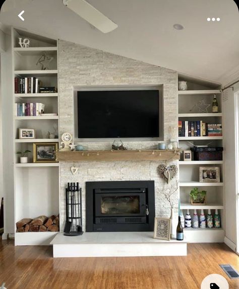 Fireplace Wall Bookshelves, Built Ins On Vaulted Wall, Built In Shelves Living Room Fireplace Angled Ceiling, Built In Entertainment Center Angled Ceiling, Diy Fireplace Angled Ceiling, Narrow Fireplace Built Ins, Built Ins With Angled Ceiling, Built In Angled Ceiling, Fireplace And Bookcase