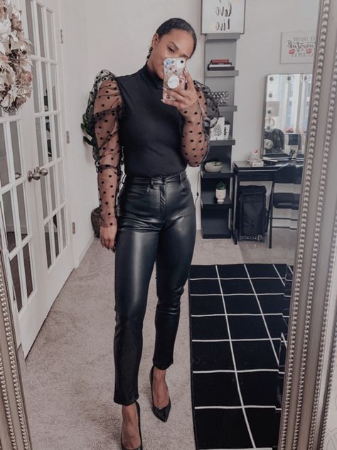 Sheer Sleeve Top Outfit, Leather Pants And Blouse Outfit, Sheer Top And Jeans Outfit, Black Sheer Blouse Outfit, Sheer Black Blouse For Fall, Sheer Black Blouse For Night Out, Black Transparent Top Outfit, Transparent Top Outfit, Chic Black Blouse With Sheer Sleeves