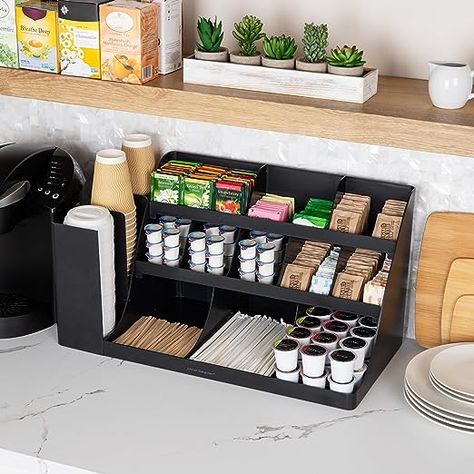 Mind Reader 14 Compartment 3 Tier Large Breakroom Coffee Condiment Organizer, Black Keurig Station, Organizing Office Supplies, Office Coffee Station, Coffee Bar Kitchen, Organizing Office, Snack Station, Snack Organizer, Coffee Storage, Inside Cabinets