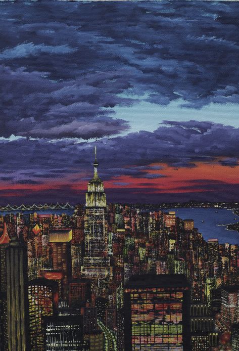 New York City Painting Acrylic Easy, New York Painting Easy, Painting Ideas City, Nyc Skyline Painting, New York City Drawing, Peter Stark, Ny Painting, New York City Painting, Nyc Painting