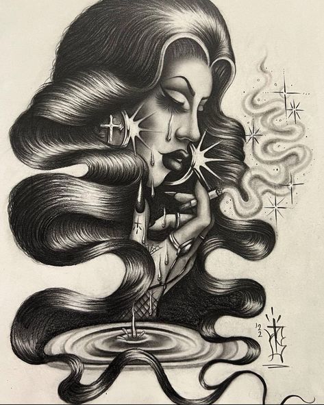 Black and white, Chicano art, sad girl, lowriders Chicana Art, Art Tattoo Ideas, Chicanas Tattoo, Traditional Tattoo Designs, Chicano Love, Mexican Art Tattoos, Estilo Cholo, Chicana Style, Mexican Culture Art