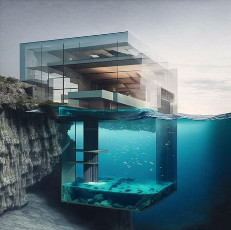 A beautiful house on a cliff, conceptualized by architect Danny Wang ~.~ Water Design Architecture, Cliff Villa, House On A Cliff, Cliff Houses, Cliffside House, Cool Mansions, Mansion Floor Plans, Underwater House, A Beautiful House