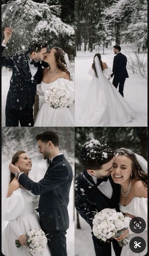 Winter Wedding Cover Up, Wedding Winter Photos, Winter Wedding Photography Outdoor, Winter Wedding Party Photos, Wedding Snow Pictures, Christmas Wedding Photo Ideas, Wedding Photography Winter, Winter Wedding Aesthetic Green, Snowy Wedding Pictures