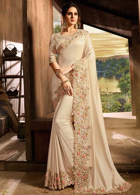 Buy Off White Designer Partywear Sarees from Manndola Gaun Fashion, Saree Designs Party Wear, Salwar Kamiz, Indian Sarees Online, Designer Sarees Online, Utsav Fashion, Party Kleidung, Art Silk Sarees, Trendy Sarees