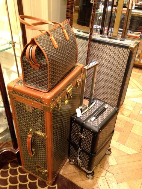 Goyard hardside luggage and purse on display at Bergdorf Goodman NYC. Goyard Luggage, Bergdorf Goodman Nyc, Goyard Trunk, Travel Equipment, Hardside Luggage, Goyard Bag, Flying High, Fancy Bags, Money Cash