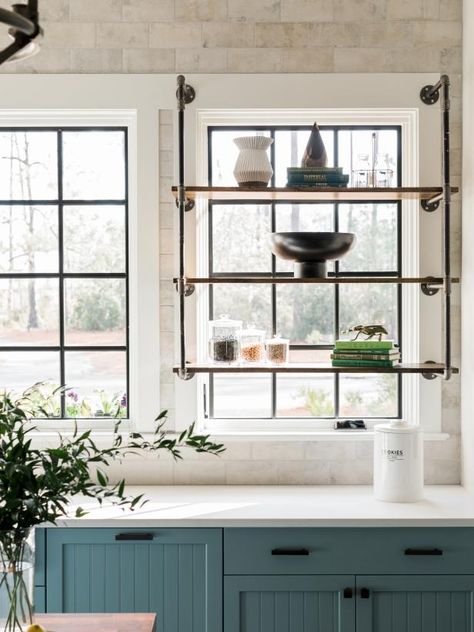 Kitchen Window Shelves, Affordable Kitchen Decor, Window Shelves, Concept Kitchen, Classic Kitchen, Blue Cabinets, Easy Entertaining, Kitchen Pictures, Open Concept Kitchen