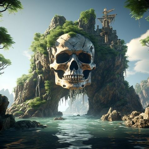 Pirate Island Art, Pirate Island Concept Art, Skeleton Island, Escaping Reality, Pirate Island, Pirate Tattoo, Planet Coaster, Dry Bones, Youtube Banner Backgrounds