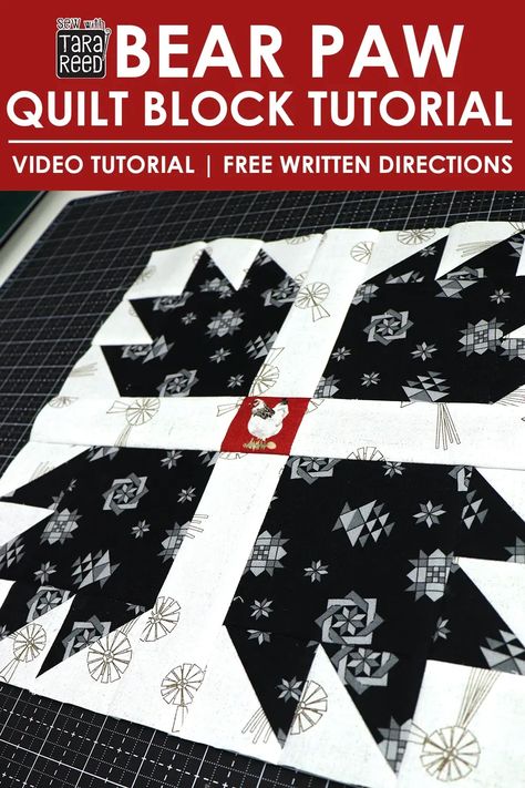 Free Quilt Block Tutorial: How to Sew a Bear Paw Quilt Block. Learn how to make HSTs 8 at a time, fussy cut and assemble the block. Video Tutorial and free written tutorial. Bear Paw Quilt Block, Bear Paw Design, Bear Paw Quilt, Log Cabin Quilt Blocks, Quilt Block Patterns Free, Quilt Square Patterns, Paw Design, Quilt Binding, Log Cabin Quilt