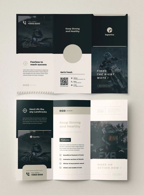 Sport Tri-Fold Brochure Template PSD, AI, EPS Brochure Card Design, Brochure Design Minimalist, Folded Flyer Design, Broshour Design, Brochure Design Creative Graphics, Brochure Design Layout Creative, Creative Brochure Layout, Leaflet Design Ideas, Tri Fold Brochure Design