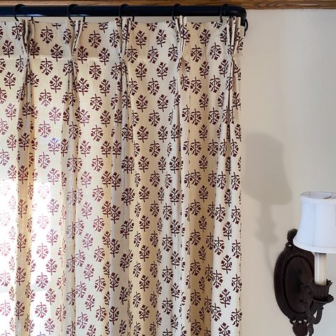 How To Sew Pinch Pleat Curtains, Block Print Drapes, Diy Block Print Curtains, Euro Pleat Curtains, Block Print Curtains, Pinch Pleated Drapes, Hang Curtains High, Kitchen Eating Area, Diy Drapes