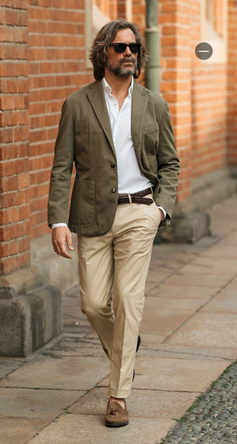 Green And Beige Mens Outfit, Men’s Summer Blazer, Light Brown Blazer Outfit Men, Men Dressed Up, Olive Blazer Outfit Men, Tan Sports Coat Outfit Men, Formal Summer Outfits Men, Summer Blazer Outfits Men, Khaki Blazer Outfit Mens