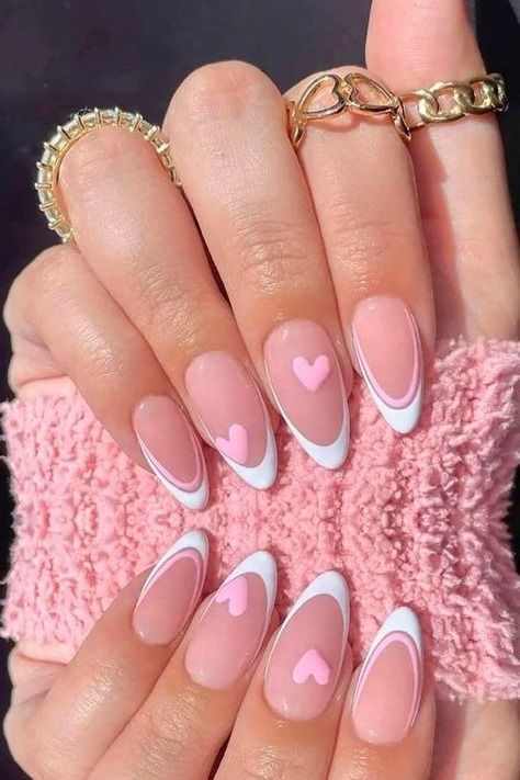 Almond Acrylic Nails With Hearts, Nails With Hearts, Almond Acrylic, Valentine Nail Art, Romantic Nails, Manicure Inspiration, Heart Nail Art, Long Nail Designs, Nail Designs Valentines