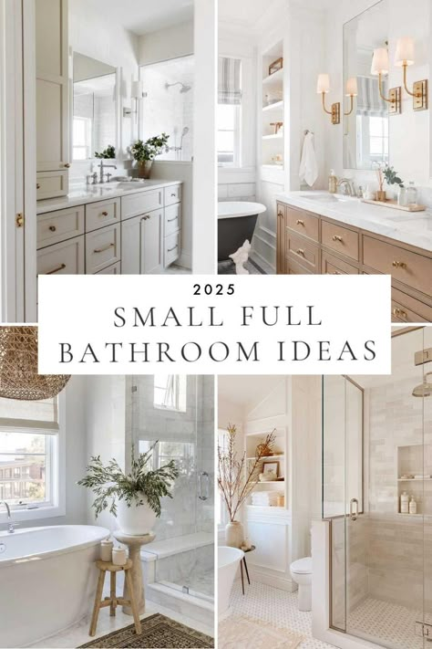 A look at bathroom trends and decor ideas for 2025, with small full bathroom ideas, beautiful master bathroom inspiration, bathroom decor, remodel inspiration, powder rooms, vanity cabinets, color trends, lighting, shower tile, mixed metals, and more Master Bath 2025, Bathrooms 2025 Trends, Bathroom Ideas 2025 Design Trends, 2025 Small Bathroom Trends, Studio Mcgee Bathroom Ideas, Small Bathroom Wood Floor, Bathroom Remodel 2025 Trends, Jack And Jill Bathroom Floor Plans, Small Bathroom Remodel Ideas 2024