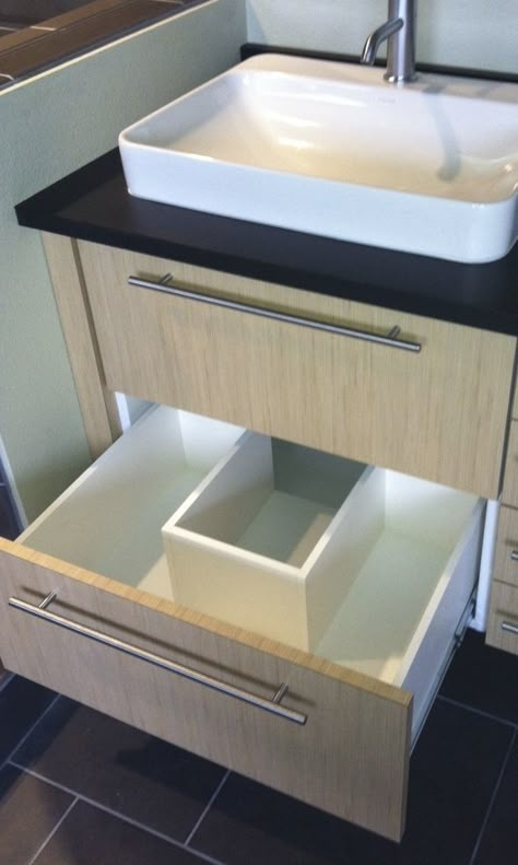 notched vanity drawer to accommodate P-trap Washroom Cupboard, Washroom Vanity Designs, Shelves Interior Design, Modern Home Decor Kitchen, Washbasin Cabinet, Bathroom Unique, Kitchen Open Shelves, Vanity Drawer, Bathroom Cupboard