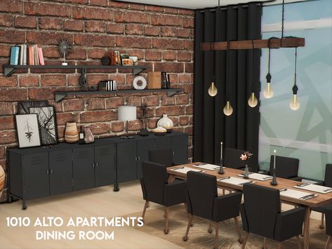 Sims 4 Dinner Room, Sims 4 Cc Dinner Room, Sims Dining Room Ideas, Industrial House Interior, Sims 4 Dining Room, Sims 4 Apartment, Sims4 Furniture, Modern Living Room Black, Dinig Room