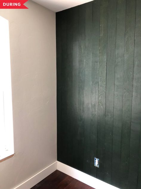 Painted Rough Wood Walls, Black Stained Wood Wall, Dark Green Wood Paneling, Dark Green Stained Wood, Green Wood Panel Wall, Stain Wood Paneling Walls, Staining Wood Paneling Walls, Stained Wood Paneling Walls, Wood Panel Walls Update