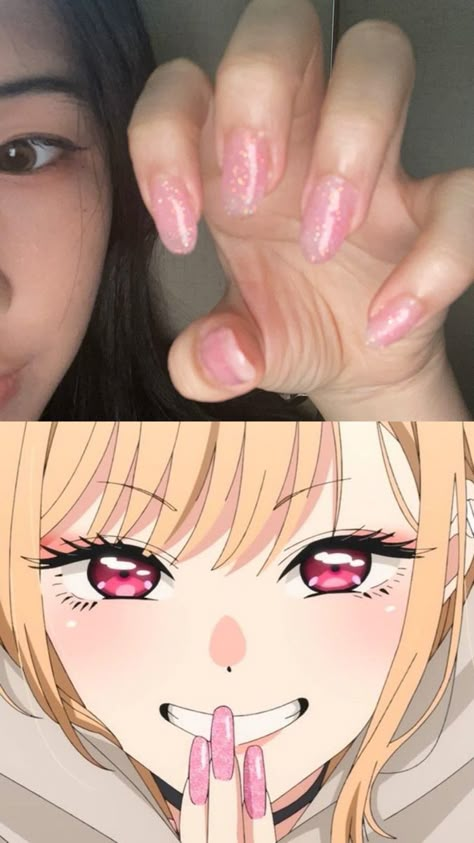 My Dressup Darling Anime, Dress Up Darling Nails, Pink Anime Nails, My Dress Up Darling Nails, Marin Kitagawa Nails, Pink Glitter Nails, Anime Nails, Cute Simple Nails, My Dress Up Darling