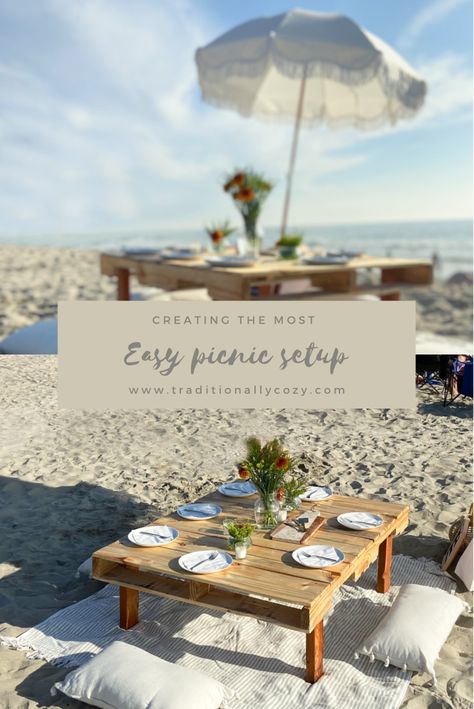 Beach Picnic Bday Party Ideas, Diy Beach Picnic Set Up, Diy Beach Picnic, Picnic On The Beach Birthday, Beach Picnic Setup, Picnic Birthday Party Aesthetic Beach, Bbq Setup, Beach Dinner Parties, Beach Picnic Party