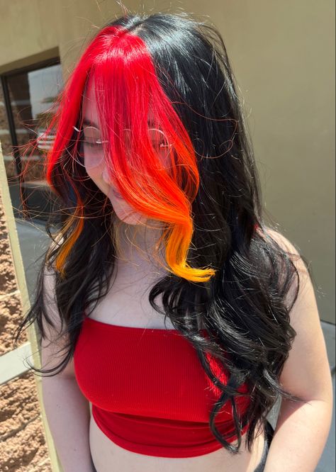 Hair Colors Vibrant, Black And Neon Orange Hair, Fire Dyed Hair, Emo Orange Hair, Fairy Hair Colors, Black Hair With Vivid Color, Colorful Streaks In Hair, Beetlejuice Hair Color, Purple And Red Hair Ideas