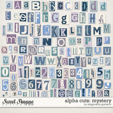 Alpha Cuts: Mystery by Blagovesta Gosheva Magazine Letter Cutouts Aesthetic, Blue Letter Aesthetic, Letter Stickers Printable, Letters For Scrapbook, Scrapbook Letters Printable, Scrap Letters, Free Printable Scrapbook Paper, Scrapbook Lettering, Letter Scrapbook