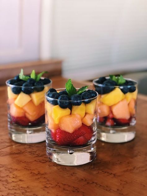 fresh fruits r always healthy. collected from @Alexandra Marks Serve Fruit At Party, Mini Fruit Cups For Wedding, Cute Fruit Cup Ideas, Fruit Cups For Party Bridal Showers, Winter Fruit Cups, Fruit In Cups For Party, Fruit Cup Aesthetic, Wedding Fruit Cups, Fruit Jars Ideas