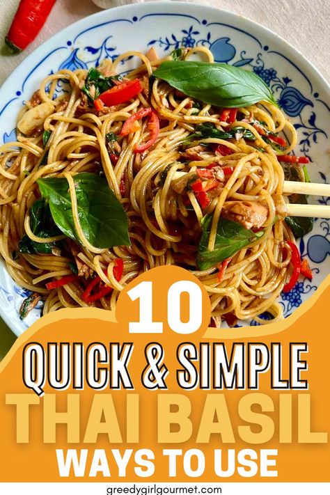 Looking for easy Thai Basil sauce recipes that go beyond Thai Basil Chicken or Thai Basil Tofu? This list of quick Asian dinner recipes, from Thai Basil Pesto to Thai Basil Stir Fry Shrimp, will help you use up your fresh garden herbs. One of my favorites is the Thai Basil Drunken Noodles recipe- I've also shown you hwo to subsitute with Spaghetti for a quick and easy hack! Click for the recipes now. Basil Pad Thai Recipe, Uses For Thai Basil, Thai Basil Recipes Vegetarian, Recipes With Thai Basil, Recipes Using Thai Basil, Quick Asian Dinner, Recipes With Basil Leaves, Basil Recipes Vegetarian, Easy Drunken Noodles Recipe