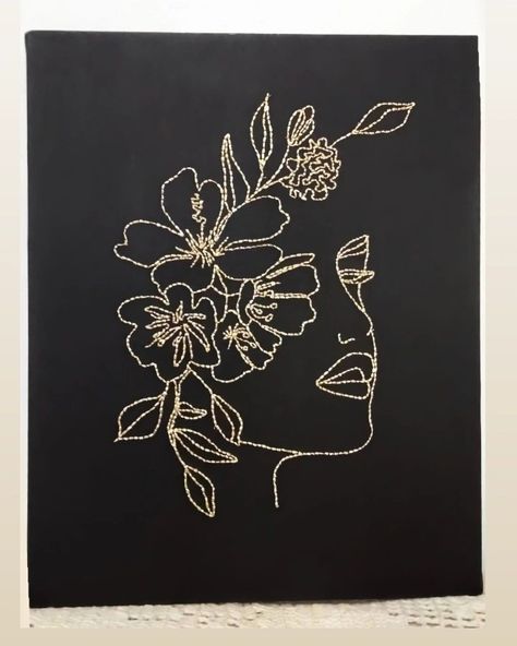 Diy Embroidery Art, Embroidered Canvas Art, Black Canvas Art, Silhouette Canvas, Boho Painting, Line Artwork, Calligraphy Art Print, Mandala Design Pattern, String Art Diy