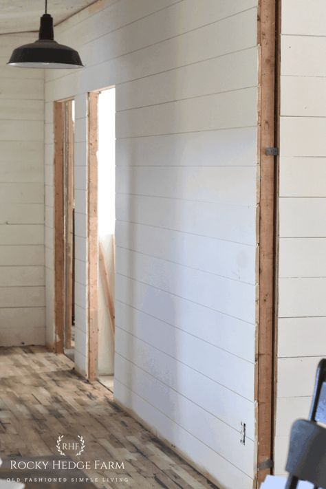 Shiplap Wall Mobile Home Remodel Doublewide, Double Wide Remodel Before And After, Double Wide Mobile Home Remodel, Cheap Wall Covering, Mobile Home Walls, Shiplap Living Room, Double Wide Remodel, New Hardwood Floors, Mobile Home Doublewide