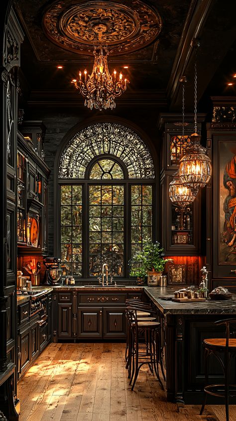 Gothic Kitchen Ideas: Dark Wood, Chandeliers, Medieval Decor Kitchen Dark Wood Cabinets, Dark Victorian House, Dark Floral Arrangements, Gothic Kitchen Ideas, Kitchen Dark Wood, Victorian House Kitchen, Gothic Home Decor Ideas, Dark Architecture, Gothic Interior Design