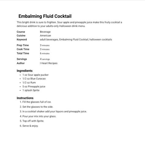 Embalming Fluid Cocktail Sour Apple Pucker, Embalming Fluid, Fruity Cocktails, Heart Food, Halloween Cocktails, Blue Curacao, Halloween Drinks, Adult Beverages, Drink Menu