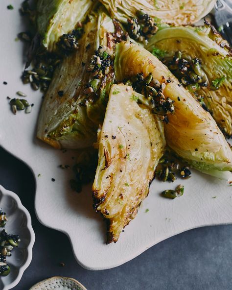 Roasted Cabbage with Miso and Lime Butter - Good Eatings Miso Cabbage, Honey Mustard Garlic Butter Cabbage, Miso Butter Roasted Cabbage, Roasted Garlic Butter Cabbage Wedges, Mustard Braised Cabbage, Balsamic Honey Roasted Cabbage Steaks, Baked Cabbage, Lime Butter, Cabbage Steaks