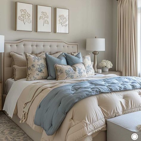 Home decorating- modern bedroom decoration ideas -crazy new project Romantic Blue Bedroom, Bedroom Husband And Wife, French Country Bedroom Decor Ideas, Royal Bedroom Aesthetic, Blue And Tan Bedroom, How To Make A Bed, Boutique Bedroom Ideas, Blue And Beige Bedroom, Bedroom Renovation Ideas