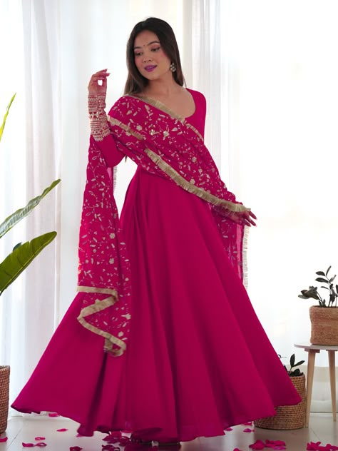 Premium Festive Wear Anarkali Suit Collection Processing Time : 7 Business Days Work : Embroidered Sequins With Zari Work Fabric:Top : Heavy Pure Soft Fox Georgette Bottom : Micro Cotton Dupatta : Pure Fox Georgette Color:Top : Rani Pink Bottom : Rani Pink Dupatta : Rani Pink Georgette Anarkali Dress, Cotton Pent, Pink Suits Women, Red Anarkali Suits, Indian Long Dress, Pink Anarkali Suits, Flair Sleeves, Suits For Women Indian, Georgette Anarkali Suits