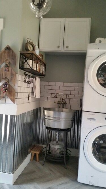 Laundry Room Tiling Ideas, Corrugated Metal Laundry Room, Galvanized Laundry Room, Corrugated Metal Wall Laundry Room, Corrugated Metal Wall Bathroom, Washtub Sink, Corrugated Metal Wainscoting, Metal Wainscoting, Slop Sink