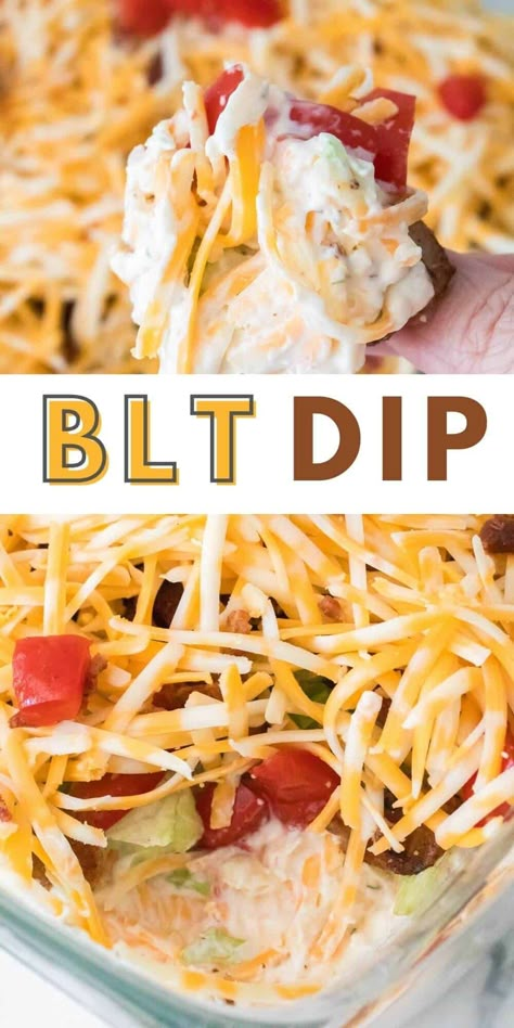 This easy BLT dip recipe is perfect for parties or game days. The creamy, savory, and flavorful appetizer is always a crowd-pleaser. Party Dips For Large Crowds, Layered Party Dips, Blt Dip Recipe Easy, Simple Dishes For Party, 4 Layer Dip, Easy Blt Dip, Easter Cookout Food Ideas, Easy Chip And Dip Recipes, Best Dip For Parties