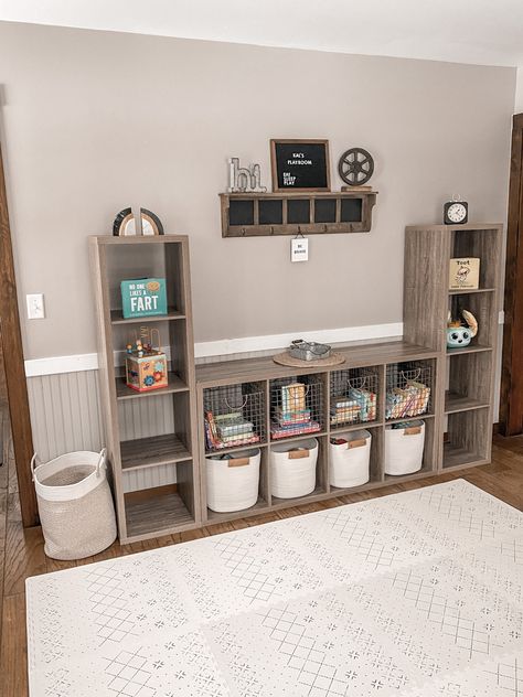 #playroom #diy #babyplayarea Playroom Ideas With Tv, Farmhouse Toy Storage, 2023 Playroom, Daycare Inspiration, Gender Neutral Playroom, Playroom Diy, Farmhouse Toys, Neutral Playroom, Living Room Toy Storage