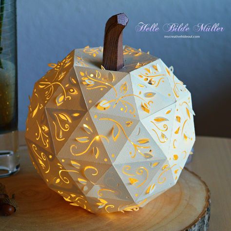 #svgcuts #americancrafts #silhouettecameo #fairylights# #pumpkins #autumn #harvest #papercraft #fall Sliceform Template, Akash Kandil, Kirigami Patterns, Paper Flower Arrangements, Creative Origami, Pumpkin Lantern, Christmas Shadow Boxes, Lantern Ideas, Silhouette Tutorials