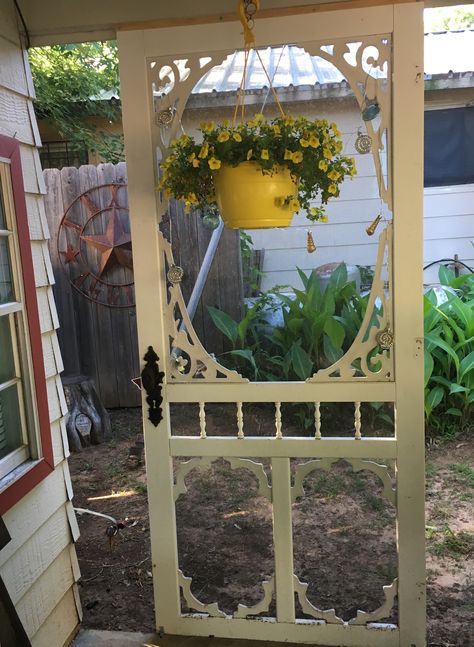 Lake house porch. Added my old screen door to the porch. Screen Door In Garden, Screen Door Decorating Ideas, Screen Door Garden Gate, Screen Door Ideas Repurposed, Antique Screen Door, Wooden Screen Doors Front Porches, Old Screen Doors Repurposed, Old Screen Door Ideas, Vintage Screen Doors