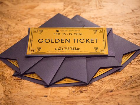 Golden Ticket Idea 03 Golden Ticket Invitation, Gold Ticket Design, Golden Ticket Design, Diy Tickets, Golden Invitation, Prom Tickets, Gold Ticket, Fishing Wedding, Red Carpet Party