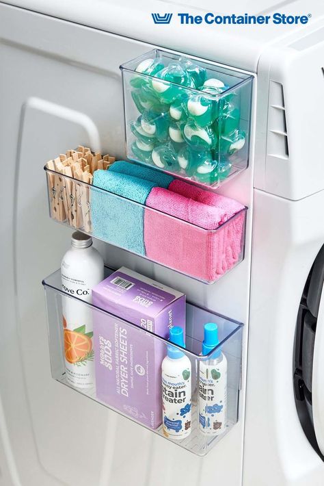 Designed to attach to your washer or dryer, these magnetic bins turn unused space into convenient storage. Organize laundry supplies and eliminate clutter. Everything remains easy to find, thanks to clear plastic construction. To keep the look clean, the white back panel conceals magnets. Dryer Lint Container, Organize Laundry, The Container Store, Utility Rooms, Laundry Supplies, Dryer Sheets, Laundry Storage, Container Store, Utility Room