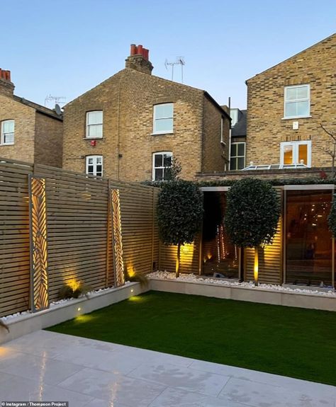 AFTER: The garden features stunning lights placed in white stones in a border around the edge, as well as perfectly trimmed small trees Patio Border Ideas, Zara Mcdermott, Back Garden Design, London Home, Made In Chelsea, White Stones, Garden Borders, Garden Features, Back Gardens