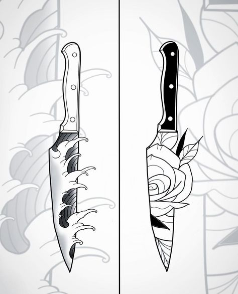 Knives Tattoo Ideas, Matching Knife Tattoos, Cooking Knife Tattoo, Tattoo Ideas Knife Design, Knife Stab Tattoo, Japanese Knife Tattoo Ideas, Kitchen Knife Tattoo, Japanese Chef Knife Tattoo, Chef Knife Tattoo Ideas