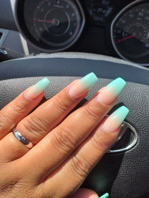 Blue Ombre Summer Nails, Matte Turquoise Acrylic Nails, Teal Blue Ombre Nails, Matte Teal Acrylic Nails, Teal Nails Ombre, Blue Dip Ombre Nails, Cute Teal Nails Acrylic, Spring Color Ombre Nails, Turquoise Nails Acrylic Short