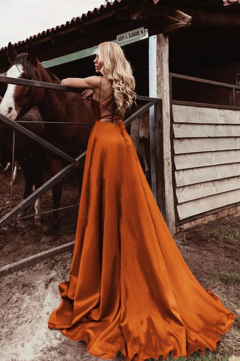 Burnt Orange Satin Prom Dress, Rust Orange Dresses, Prom Dresses Orange Burnt, Amber Prom Dress, Orange Brown Dress, Burnt Orange Grad Dress, Dark Orange Prom Dress, Horoscope Photoshoot, Burnt Orange Dress Outfit Wedding