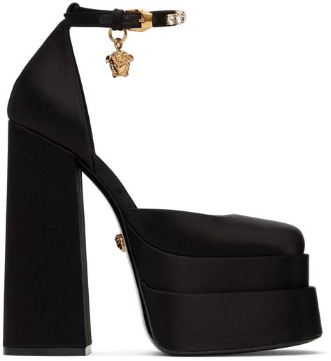 Black Aevitas Platform Heels by Versace on Sale Satin Platform Heels, Versace Pumps, Versace Heels, Black Medusa, Black Lace Heels, Shoes Heels Classy, Versace Gold, Pink High Heels, Vintage Versace