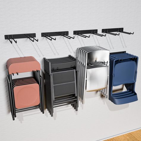 PRICES MAY VARY. 【SPACE SAVING】The 12.2 inch long utility storage hooks can store up to 6 folding chairs each. Ideal for storing lawn chairs, beach chairs, camping chairs, yard chairs and patio chairs etc. 【WIDELY USED】YYR garage hanger is also great for storing your yard tools such as shovels, rakes, power tools, ladders and more. 【NO ASSEMBLY REQUIRED】: Solid, welded storage rack is ready to go out of the box. Simply mount it to the wall and load up your chairs. 【EASY INSTALL】Folding chair rac Hang Folding Chairs On Wall, Storing Camping Chairs, Bag Chair Storage Ideas, Folding Table And Chair Storage, Back Porch Organization Ideas, Folding Table Storage In Garage, Folding Chairs Storage Ideas, Beach Chair Storage, Rolling Garage Storage